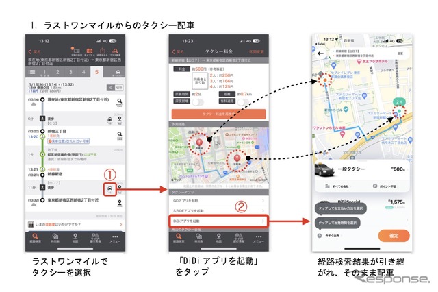 「乗換案内」でDiDiのタクシー配車を選択可能に（アプリのイメージ）：ラストワンマイルからのタクシー配車