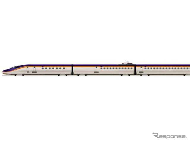 E8系の側面イメージ。現行のE3系と同じ7両編成となるが、先頭車の先頭長はE3系より3m長い、E5系並の9mに。全車両が秋田新幹線用E6系と同じくフルアクティブサスペンションを装備し、乗り心地が向上する。