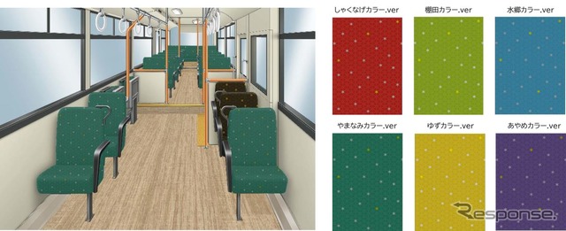 日田彦山線BRT車両のインテリアデザイン。シートは「ひこぼし」を散りばめたデザインを基本に、エクステリアと同じく6色展開に。床は木目を活かした明るいものとし「乗ることの楽しさやわくわく感」を創出するという。