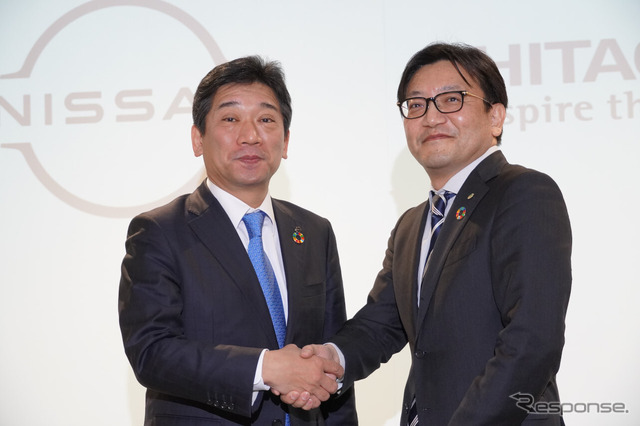 左から日産自動車 神田昌明 常務執行役員、日立ビルシステム 髙橋達法 取締役