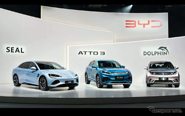 左からBYD SEAL、ATTO 3、DOLPHIN