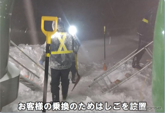 函館本線の立ち往生で旅客救出用のはしごを設置する様子。この立ち往生は、前日に東海道本線(JR琵琶湖線、JR京都線)山科~高槻間で雪害による大規模な立ち往生が発生したせいか、報道ではあまりクローズアップされなかった。