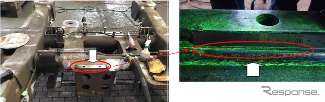 亀裂の発見箇所（左）とその当該箇所（右）。