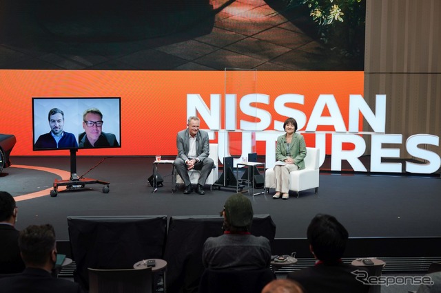 パネルディスカッション第1部:ドリーブ CEO エリック・メベリック氏、ヌービー CEO グレゴリー・ポイラン氏、日産自動車 グローバルEVプログラム&エナジーエコシステムビジネス部担当 理事 ユーグ・デマルシエリエ氏、自然エネルギー財団 西田裕子氏(左から)