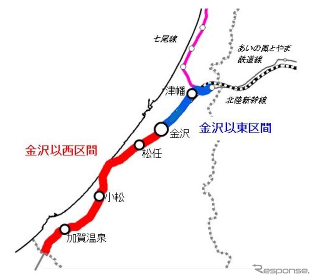 今回、IRいしかわ鉄道が認定を受けた区間（赤線部分）。
