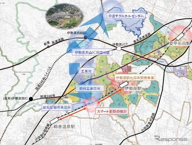 新たな総合車両所と新駅の位置関係。