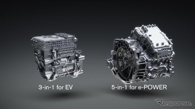 EV用の新開発電動パワートレイン「3-in-1」(左)とe-POWER用の「5-in-1」