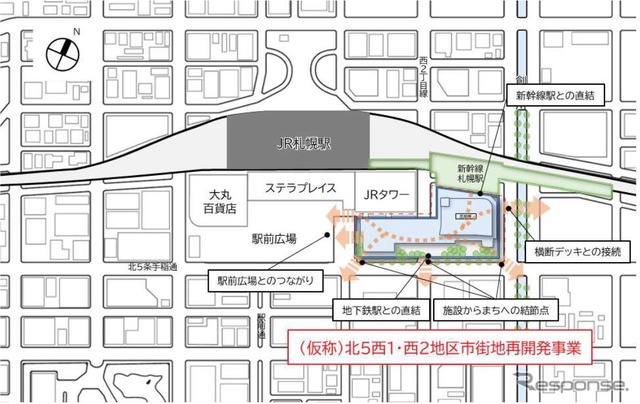 「北5西1・西2地区第一種市街地再開発事業」の整備位置。