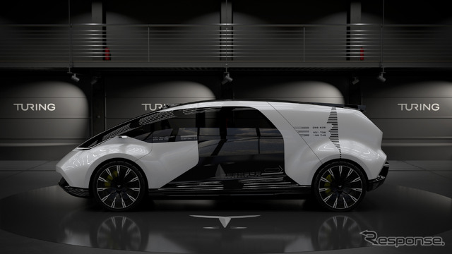 チューリングの自動運転コンセプトかー。完全自動運転車として、室内空間を最大化するモノフォルムのシルエットを採用。