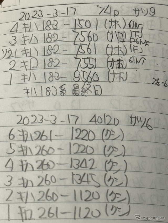 早川さんから見せていただいた3月17日『オホーツク4号』の編成メモ(上欄の74D)。