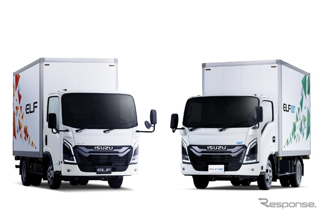 いすゞ エルフ 新型、EV(向かって右)と内燃機関仕様