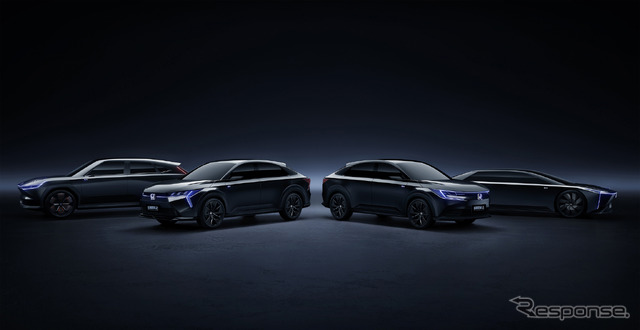 左からホンダ e:N SUV 序、e:NS2プロトタイプ、e:NP2プロトタイプ、e:N GTコンセプト