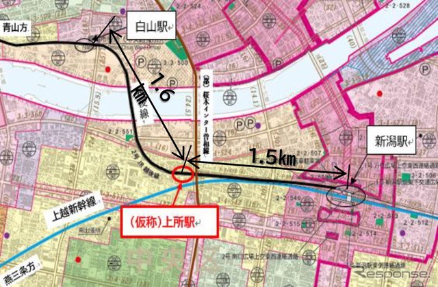 「上所駅」の位置。付近は新潟南高校や北越高校、新潟ユニゾンプラザに近く、高校生の利用が多く見込まれる。