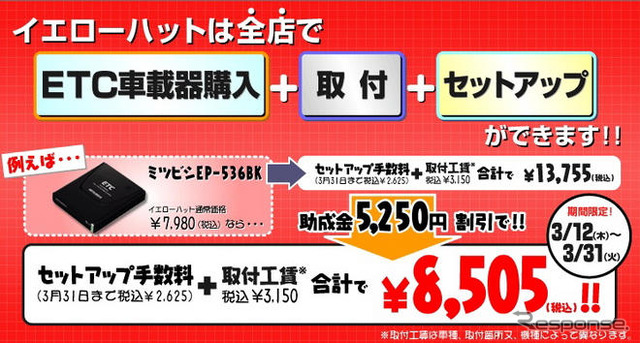 イエローハット、ETC助成金の受付を開始　3月31日まで
