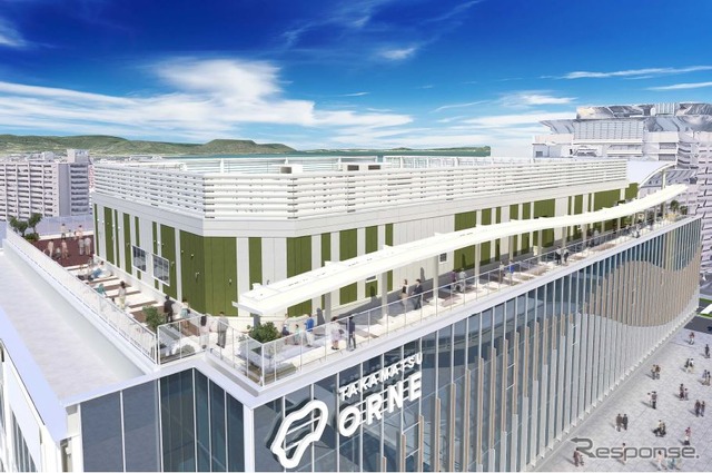「TAKAMATSU ORNE」の4階部分は、活気ある空間を演出するため、外壁が屋外広場の存在感や認知度を高めるものとされる。