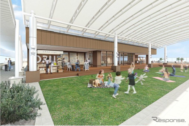 「TAKAMATSU ORNE」の北側に設けられる屋外広場のイメージ。くつろぎの場と開放的な駅前交流拠点として活用される。