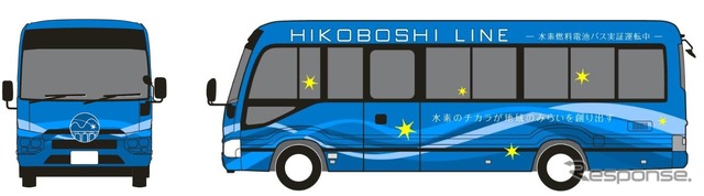 実証運転に使われるトヨタ製FCバスのイメージ。全長6990mm、全幅2100mm、全高2630mm。FCEV「MIRAI」第2世代FCシステムを活用し、二酸化炭素排出ゼロの環境性能を持つ。定員は運転手を含む20人(うち座席14席)で、車体は水素エネルギーや日田彦山線BRTに広がる青空をイメージした青をベースに、「おりひめの羽衣」をイメージした模様を配したデザインとなる。