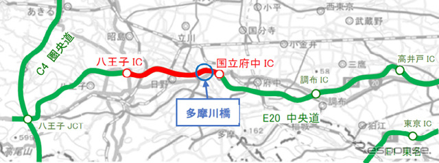 中央道 国立府中IC～八王子IC間「多摩川橋」の前後を含む約1kmの区間（上下線）