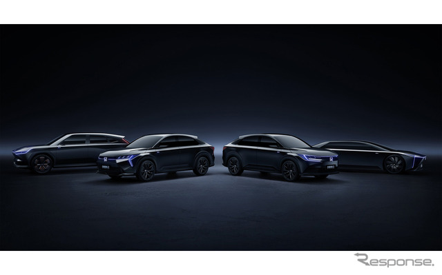 左からホンダ e:N SUV 序、e:NS2プロトタイプ、e:NP2プロトタイプ、e:N GTコンセプト