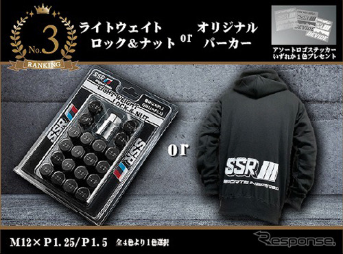 3位入賞にはライトウェイトロック&ナット<レッド/ブルー/イエロー/ブラックから1点>またはオリジナルパーカーのいずれか1点と、アソートロゴステッカー(全3色より1色)をプレゼント