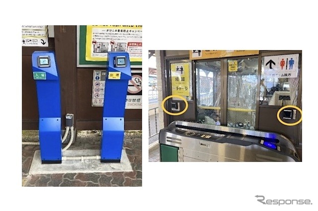 タッチ決済用のポール型改札（左）とタッチ決済用の簡易改札