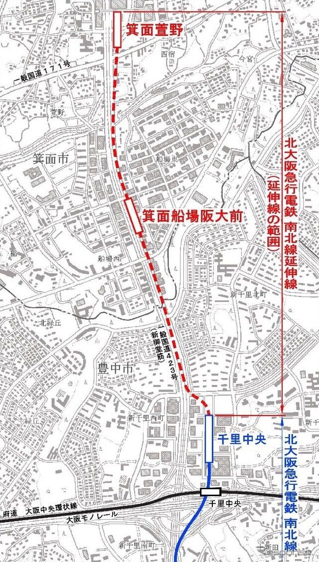 北急延伸区間の周辺図。千里中央~箕面船場阪大前間は地下線、箕面船場阪大前~千里中央間は高架線となる。