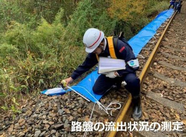 応急復旧の支援に基づく路盤流出状況の測定風景。