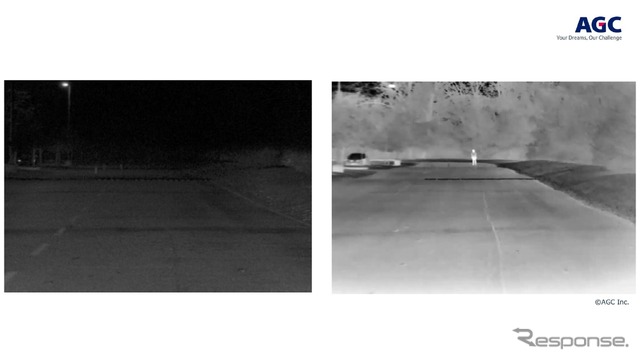 FIRカメラなら夜間も120m先にいる歩行者が認識できる(左が可視カメラ、右がFIRカメラの画像)