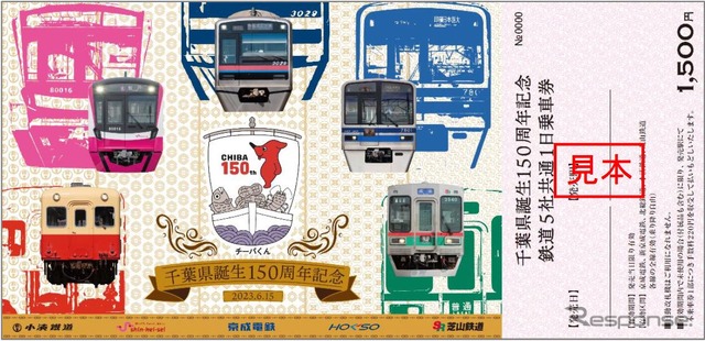 5社の車両をあしらったポストカードが付く「千葉県誕生150周年記念 鉄道5社共通1日乗車券」。