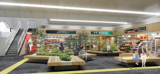 社有山林で切り出された間伐材を使用したベンチが置かれる東武鉄道駅の待合室イメージ。
