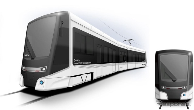 計画されている3車体連接超低床電車のイメージ。車体に「2401A」の文字が見える。