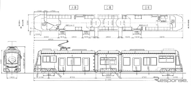 3車体連接超低床電車の形式図。車体はA・B・Cの3車に分かれ、各車に2軸ボギー台車を装備。中間のC車は全長2930mmと極端に短い。