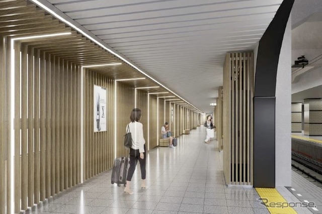 浅草駅5番ホームのリニューアルイメージ。「光の自然や荘厳さを感じさせる木目調の装飾と光の演出を多用したデザイン」とされる。