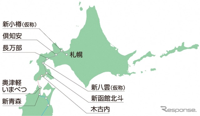 札幌延伸区間を含む北海道新幹線の路線図。