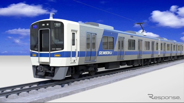 9300系のエクステリア。南海8300系に準じたステンレス車だが、前頭部のみは鋼製。車体カラーは泉北高速鉄道のラインカラーとして定着しているブルーとアイボリーが採り入れられている。足回りには遮音性が高い全閉内扇型主電動機（モーター）が採用され、車内外の騒音が低減される。