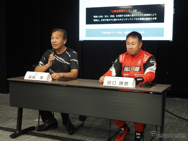 ラリーの豊富やトライトンへの印象を語る増岡総監督(左)