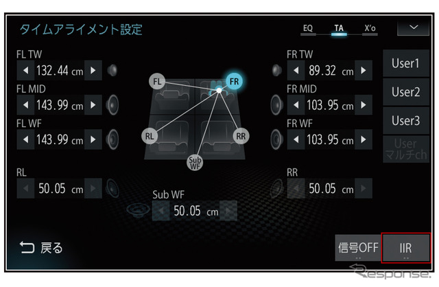 “本格型”の「タイムアライメント」の設定画面の一例(三菱電機・ダイヤトーンサウンドナビ)。