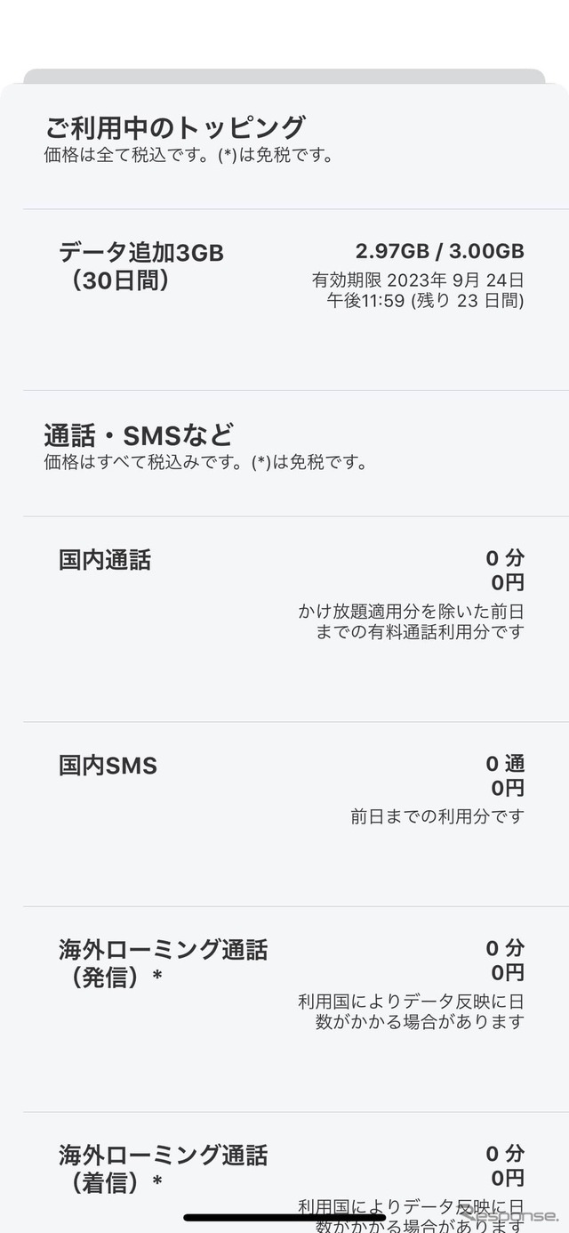 povo2.0のデータ使用量の残量などを示した画面