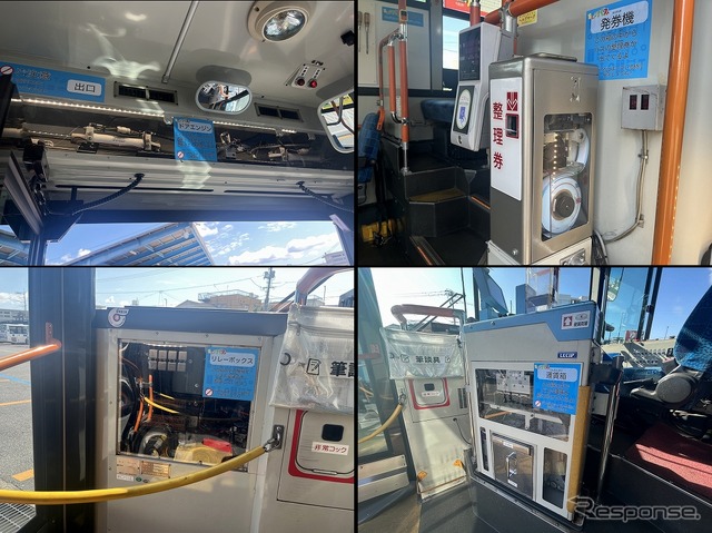 左上:スケルトンドアエンジン(降車口|ドアの開閉の仕組みが分かる)、左下:電気機器を集中制御している「リレーボックス」、右上:スケルトン整理券器、右下:スケルトン運賃箱