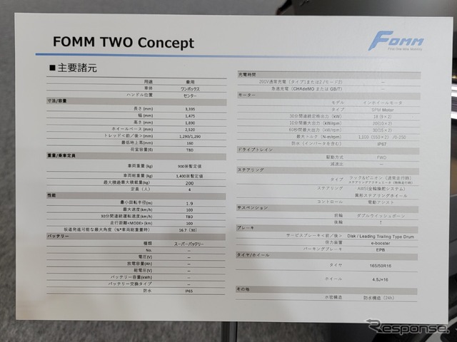 FOMMの新型 軽EV『FOMM TWO』スペック。