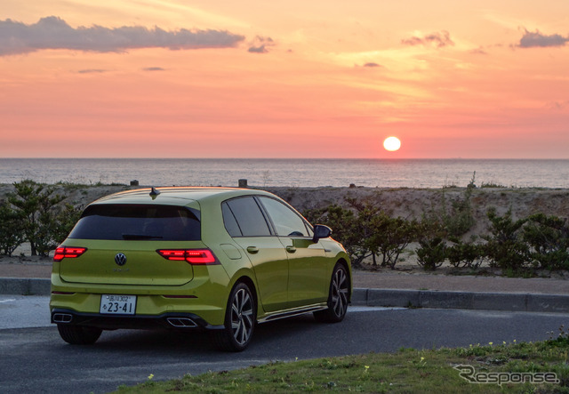 夕日の光を当ててみた。外光によって車体色の風合いを変えて見せる演出が流行っているが、フォルクスワーゲンのライムイエローメタリックはどんな環境下でもテコでもライムイエローに見せるという意思が込められているように思えた。