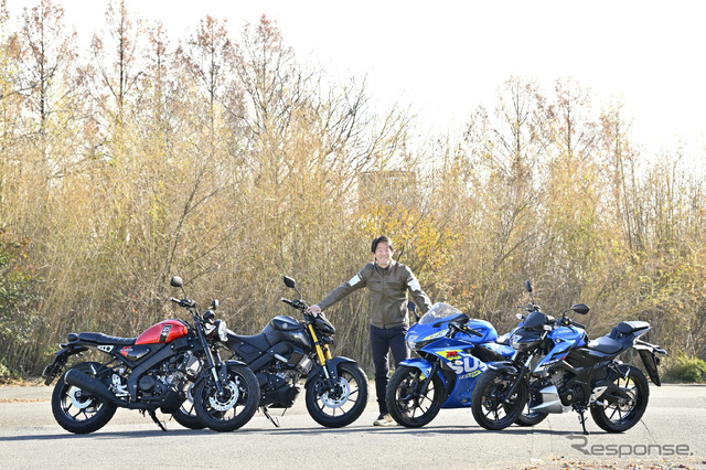 左から、ヤマハXSR125、MT-125、スズキ GSX-R125、GSX-S125