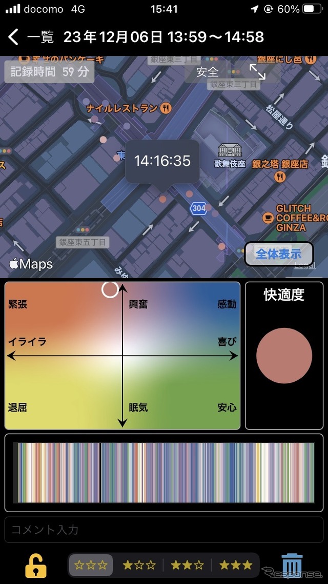 丸印は5秒毎にライダーの感情を見える化したもの。この場面では「興奮」度が高く出ている。