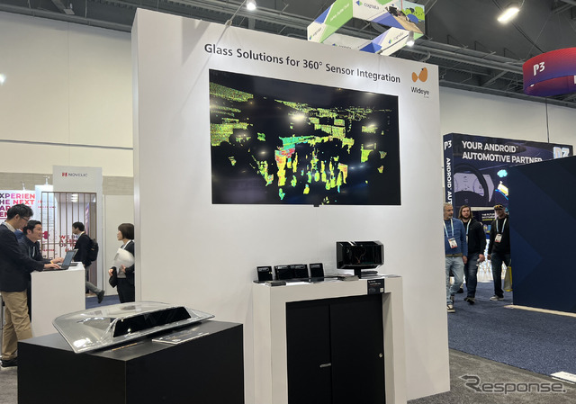 360度センサー LiDAR用カバーガラス「Wideye(ワイドアイ)」の展示。LiDARを様々な位置に取り付け、その環境に応じた最適なガラス技術を提供している