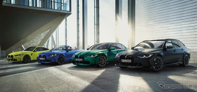 BMW Mの主要モデル。左からM4クーペ、M4カブリオレ、M3セダン、M3ツーリング