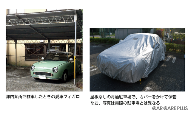 都内某所で駐車中のフィガロ。普段は屋根なし駐車場でカバーをかけて保管。※写真は実際の駐車場とは異なる