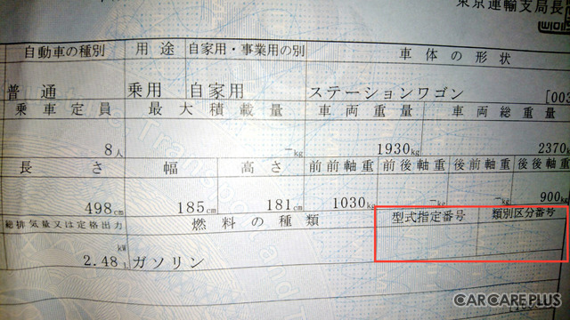 陸運局に現車を持ち込んで登録したクルマの車検証。赤枠が空欄だ