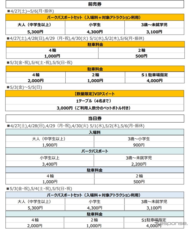 ゴールデンウィーク(4/27~5/6)料金のご案内