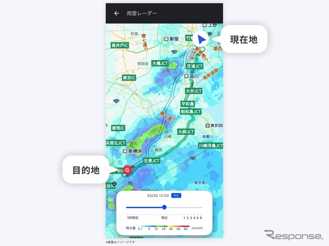現在地から目的地までのルート上に雨雲レーダーを表示