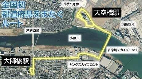 運行ルート羽田連絡線:全国初、都道府県をまたぐルート。多摩川スカイブリッジを走行